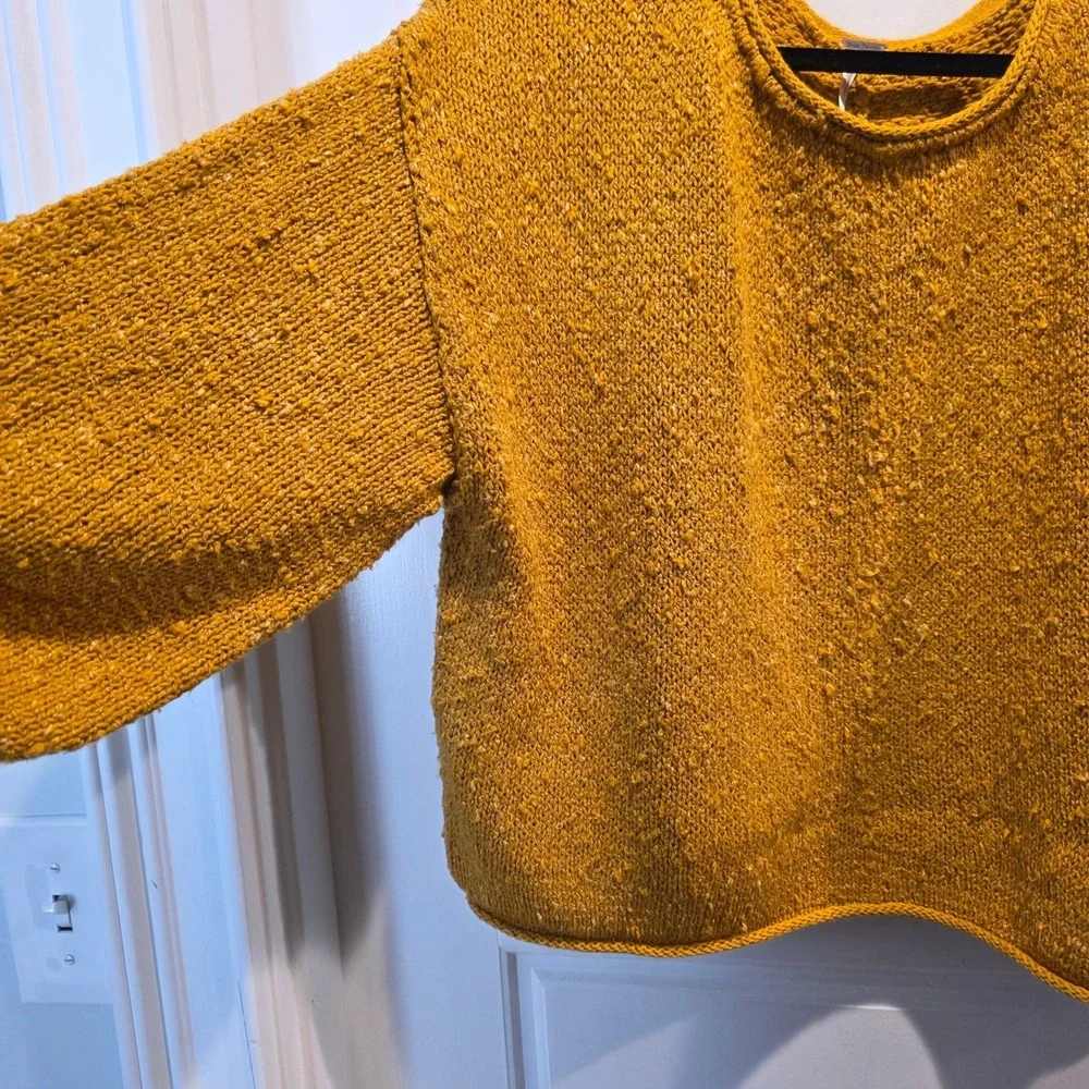 Free‎ People Textured Knit Sweater Mustard Yellow Cropped Boho Pullover Sz SP
